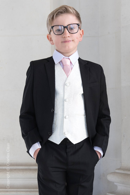 Boys Black & Ivory Suit with Pale Pink Tie - Roland